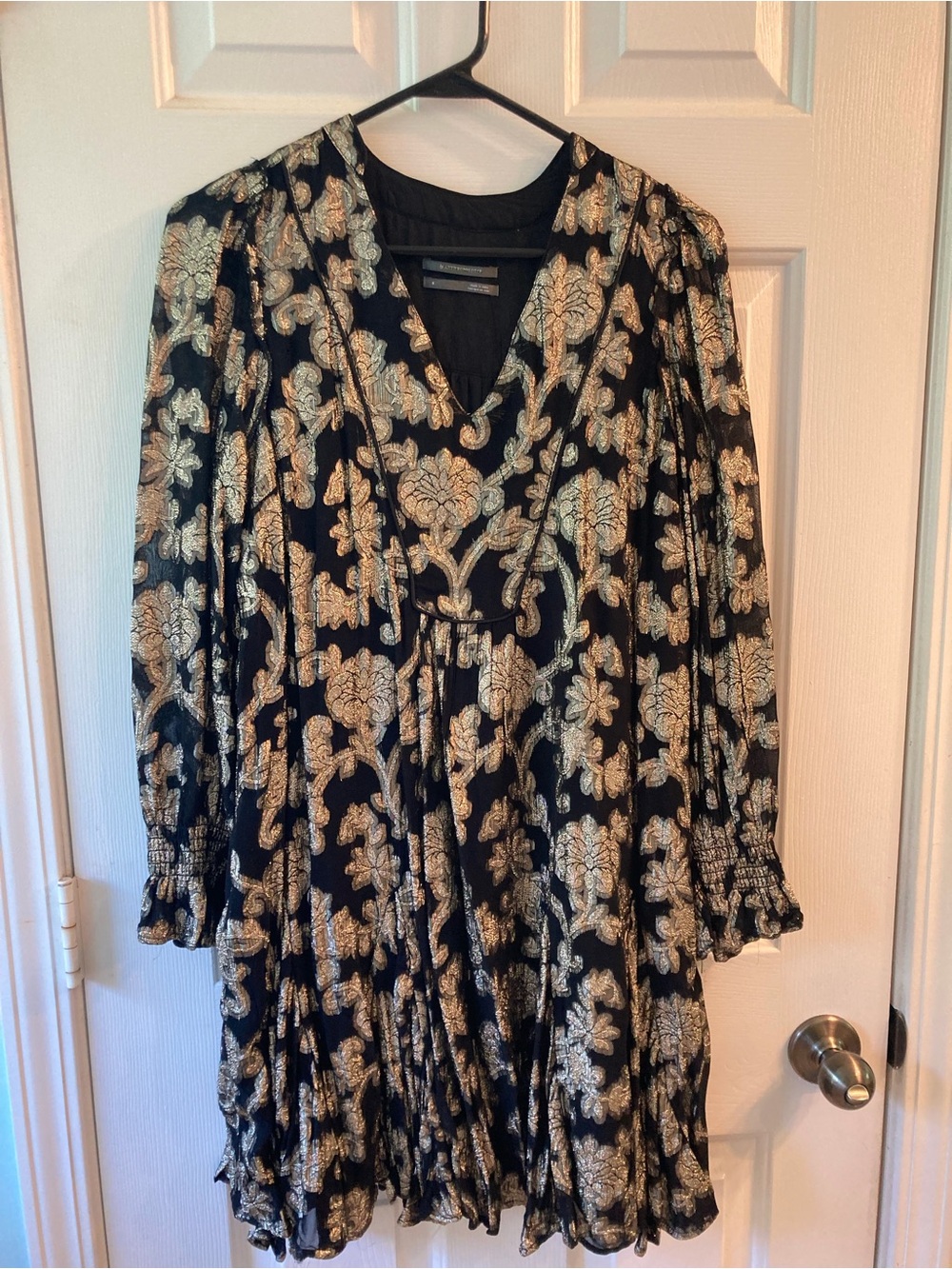 Anthropologie Black Dress with Metallic Gold Floral Jacquard